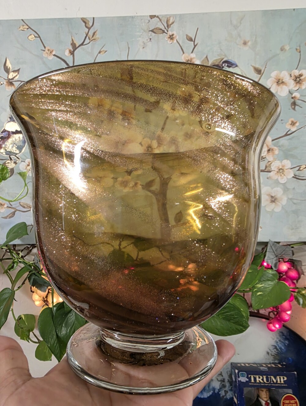 Amber and Gold Glitter Swirl Wide opening Hand Blown Vase With A Pedestal
